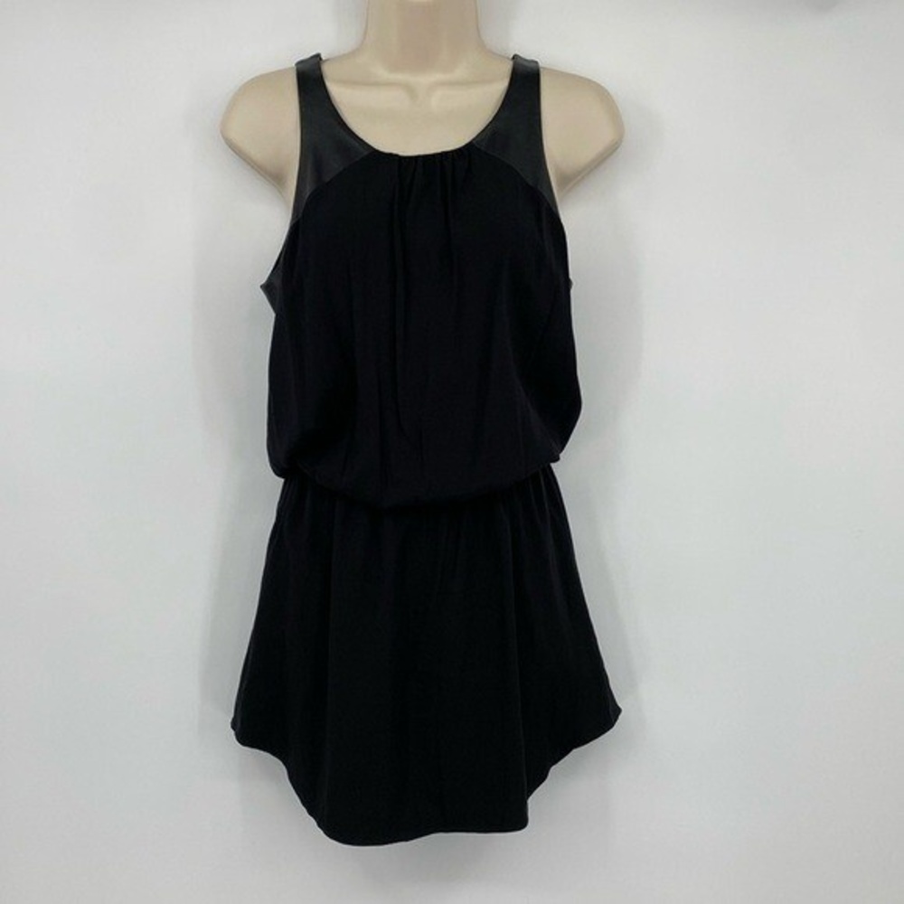 David Lerner Blouson Dress Women Size XS Black Silk Leather Sleeveless Tank Mini